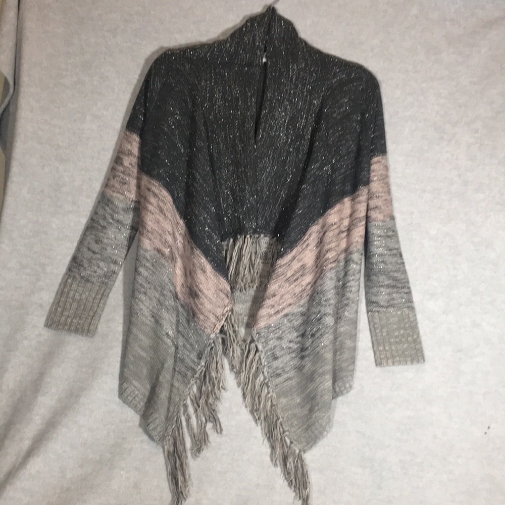 KNOX ROSE Boho Bohemian Festival Waterfall Cardigan Metallic Threads w/Fringe